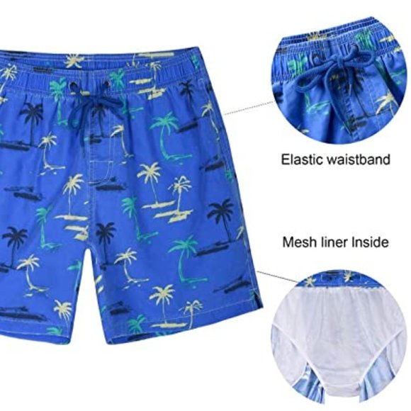 Nonwe Blue Palm Tree Swim Shorts Soft Washed Drawstring Board Shorts For Men - Picture 6 of 7